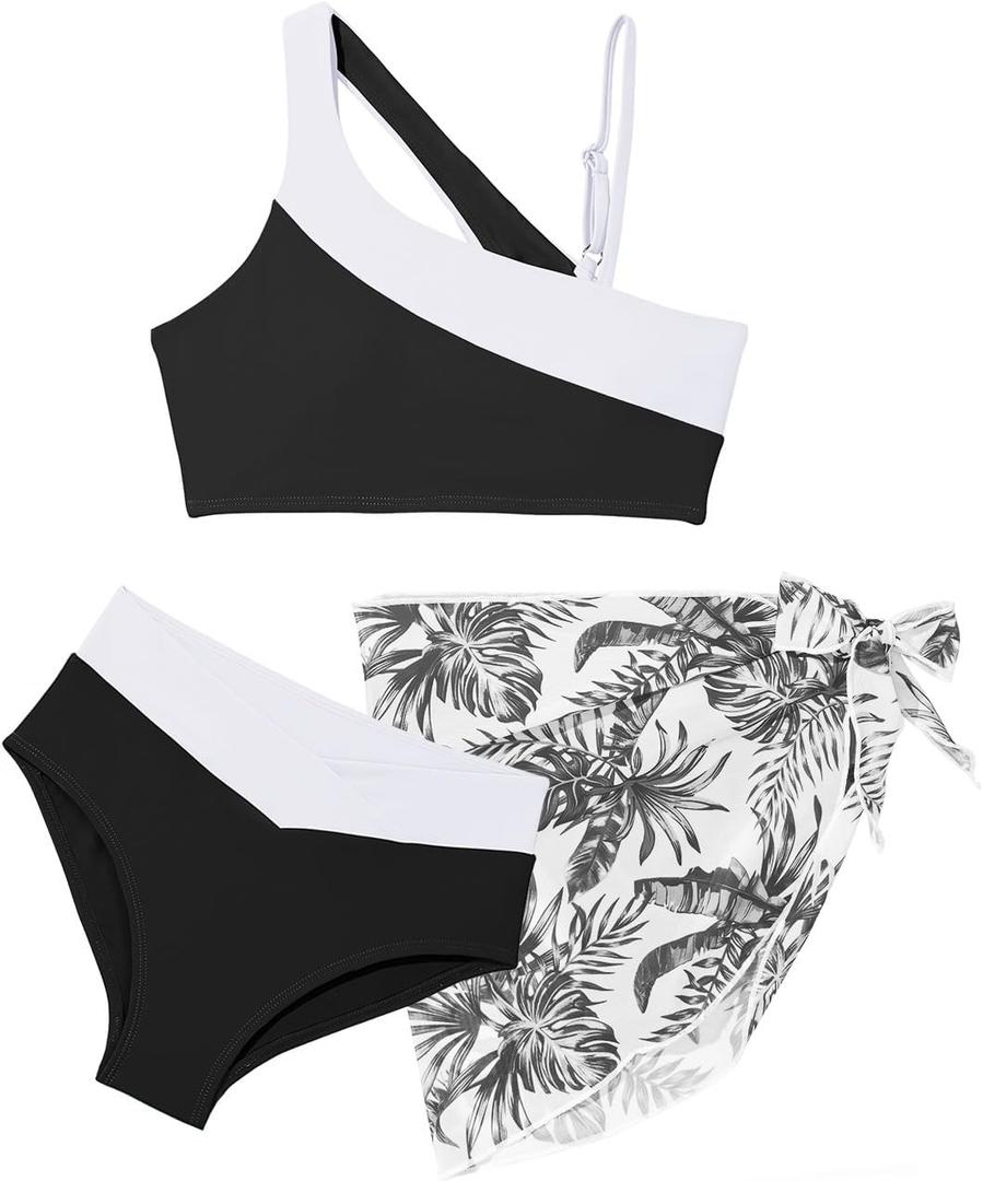 blibean Teen Girls Swimsuit Three Piece Cutout Bathing Suits Bikini Set Size 6-15 Years (Black, XXL)