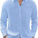 J.VER Men's Cotton Linen Shirts Casual Button Down Long Sleeve Shirt Tropical Spread Collar Solid Top with Pocket, Light Blue, 3X-Large