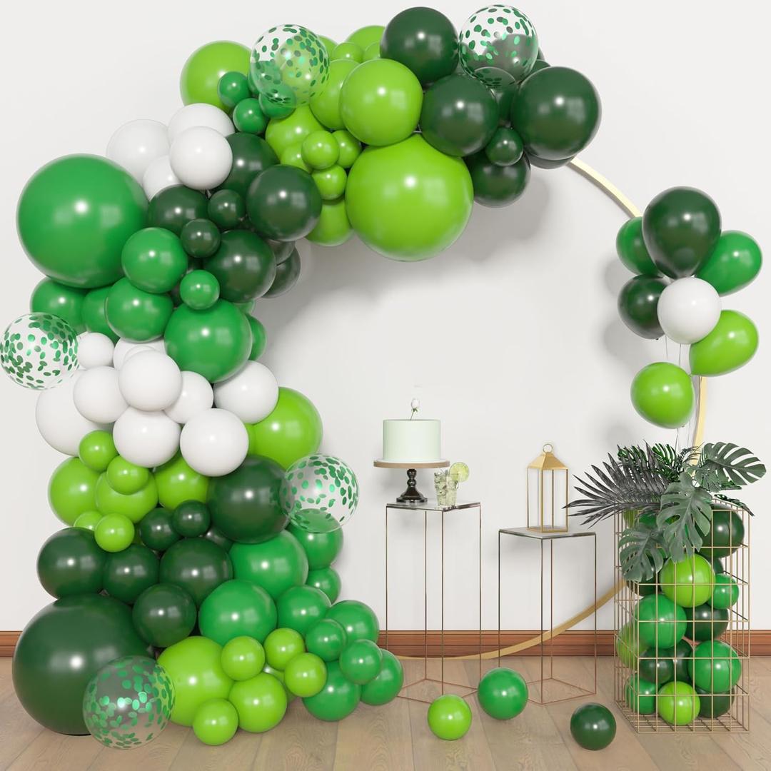 Amandir 153pcs Green Balloons Arch Garland Kit, Different Sizes 18 12 10 5inch Dark Emerald Light Lime Green Latex Confetti Balloon for Safari Jungle Baby Shower Birthday Graduation Party Decorations, Green white