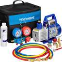 VIVOHOME 110V 1/4 HP 3.5CFM Single Stage Rotary Vane Air Vacuum Pump and AC Manifold Gauge Set Kit with Thermometer for R134a R12 R22 R502 R410a HVAC Air Conditioning Refrigeration Recharging (blue)