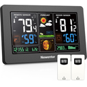 Newentor Weather Station Wireless Indoor Outdoor Thermometer, Color Display Digital Weather Thermometer with Atomic Clock, Barometric Pressure, Forecast Station with Adjustable Backlight,Black,2Sensor
