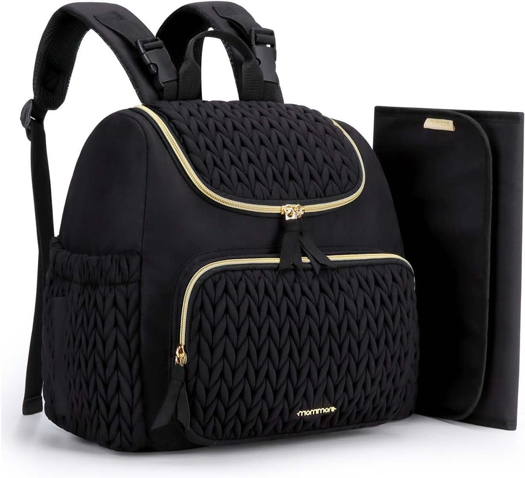 mommore Diaper Bag Backpack, Stylish Travel Baby Bag with Insulated Pockets, Changing Pad and Stroller Straps for Toddler (S-Black, Small-17L)