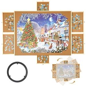 1500 Piece Rotating Puzzle Board with Drawers and Cover,28"x37"Portable Wooden Jigsaw Puzzle Table for Adults Portable,Lazy Susan Spinning Puzzle Boards Birthday Gift for mom