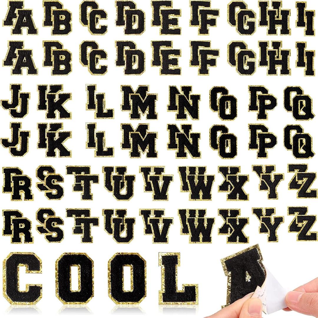 Yilloog 104 Pcs Self-Adhesive Chenille Letter Patches Glitter Initial Stickers Embroidered Fuzzy Letters for Clothing Backpacks Phone Hat DIY Decor Valentines Gifts(Black)
