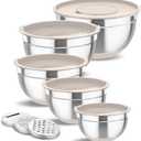 TeamFar Mixing Bowls, 5PCS Stainless Steel Nesting Salad Bowl with Lid & 3 Grater Attachments, for Prepping/Serving/Storing Food, Nontoxic, Airtight Lid & Non-slip Bottom - 4.6/3.5/2.5/1.5/1 QT (Khaki)