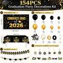 150Pcs Black Gold Graduation Decorations 2026 with 7x4ft Backdrop | 150pcs graduation decorations 2026 with oversized 7x4ft backdrop, black gold balloon arch, banner and tablecloth