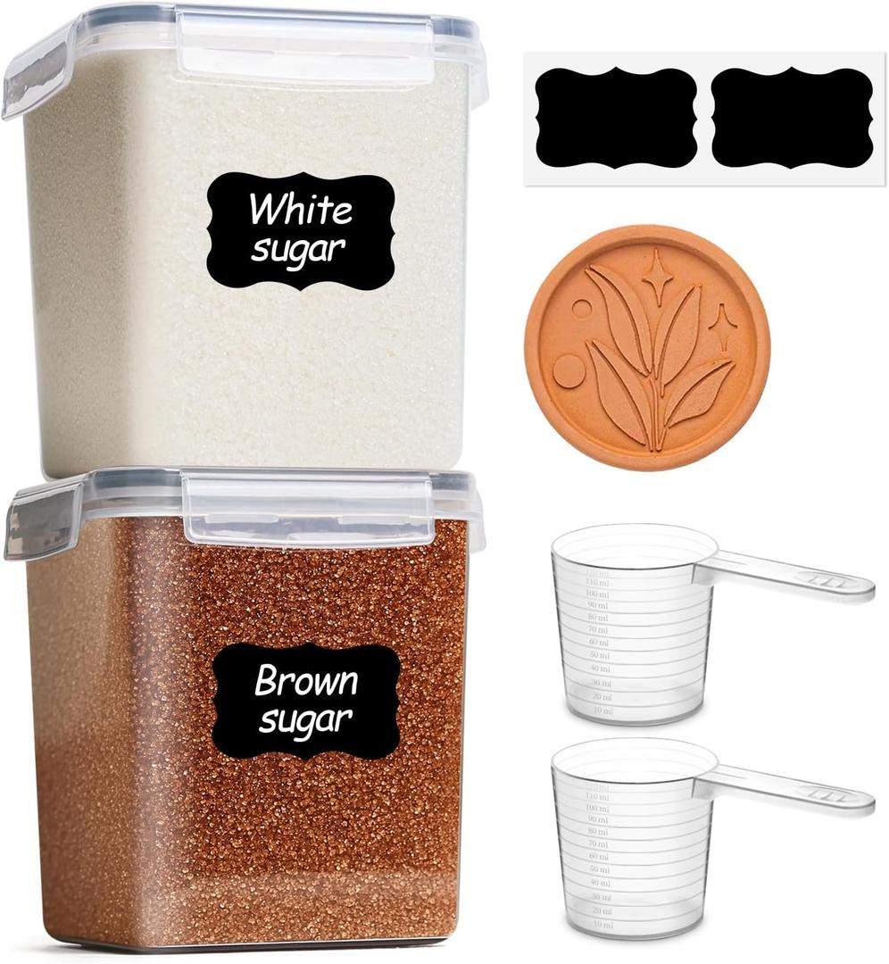 ComSaf Brown Sugar Container Set of 2 (2.5L/2.6Qt), Airtight Food Storage Containers with Lids and Terra Cotta Brown Sugar Saver, Plastic Canisters Sets for Kitchen, Pantry Organizer for Flour, Baking
