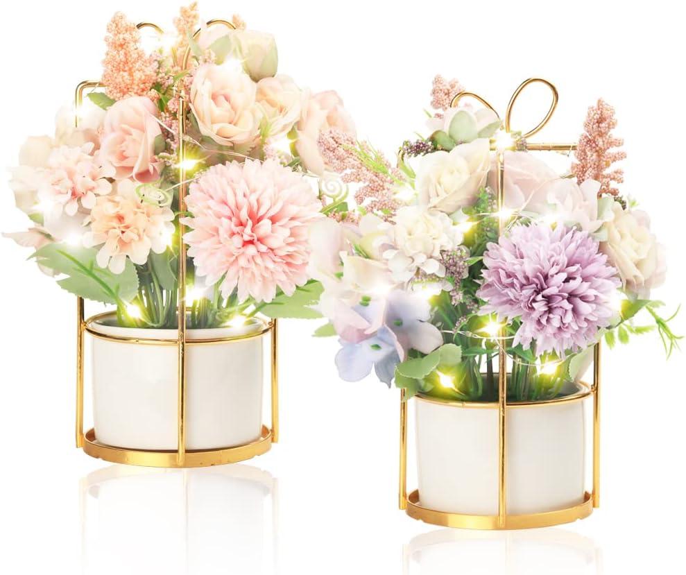 BEGONDIS Set of 2 LED Artificial Flowers Potted Fake Pink and Purple Flowers Hanging Potted Plants for Home Living Room Office Party Decor Decoration (Pink & Purple)