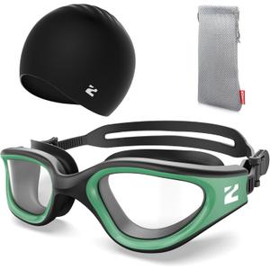 ZIONOR G1 Lite Swim Goggles with Swim Cap Comfortable Anti-fog Swimming Goggles Cap Set for Adult Men Women (One Size, B7(green-clear+c5 Black))