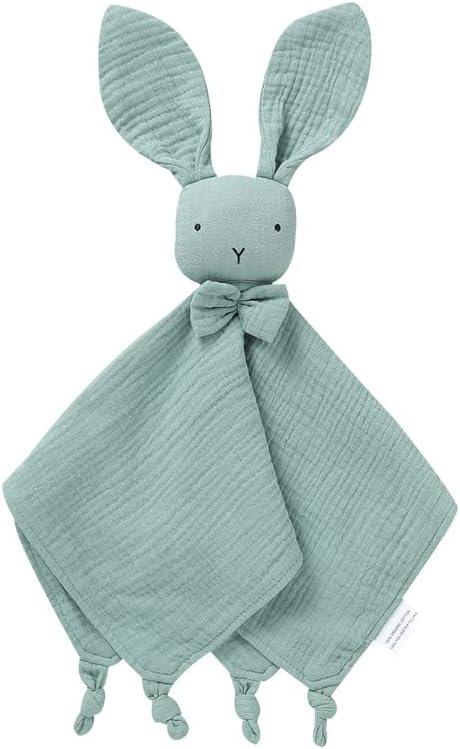 LAWKUL Baby Lovey Organic Cotton Muslin Soft Security Blankets Comfy Lovie for Newborn Infants Boy Girls Unisex Bunny Green