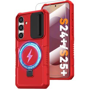 Magnetic Case for Samsung Galaxy S25+ Plus/Galaxy S24+ Plus With Ring Stand Compatible with MagSafe Wireless Charging Screen Protector Military Grade Shockproof Case with Slide Camera Cover, Red