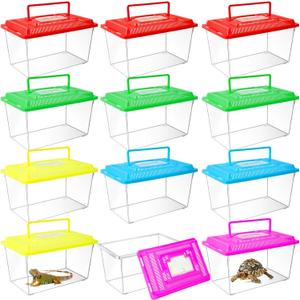 12Pcs Plastic Reptile Terrariums Carrier Cage, Tarantula Enclosure Breeding Box Hatching Container Transparent Fish Tank Turtle Aquarium with Random Color Lid for Lizards, XL(10.6" x 6.7" x 5.9")