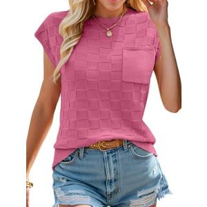 Womens Summer Trendy Shirts Tops 2025 Cap Short Sleeve Sweater Vest Crewneck Checkered Pocket Lightweight Tee Outfits, Size: Small