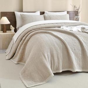 Sanracie Oversized King Quilt (106"x118"), Wheat Waffle Weave Cotton Quilt Sets, 3Pcs Luxury Aesthetic Quilt Bedding Set, Soft Breathable Lightweight Farmhouse Coverlet Set for All Season