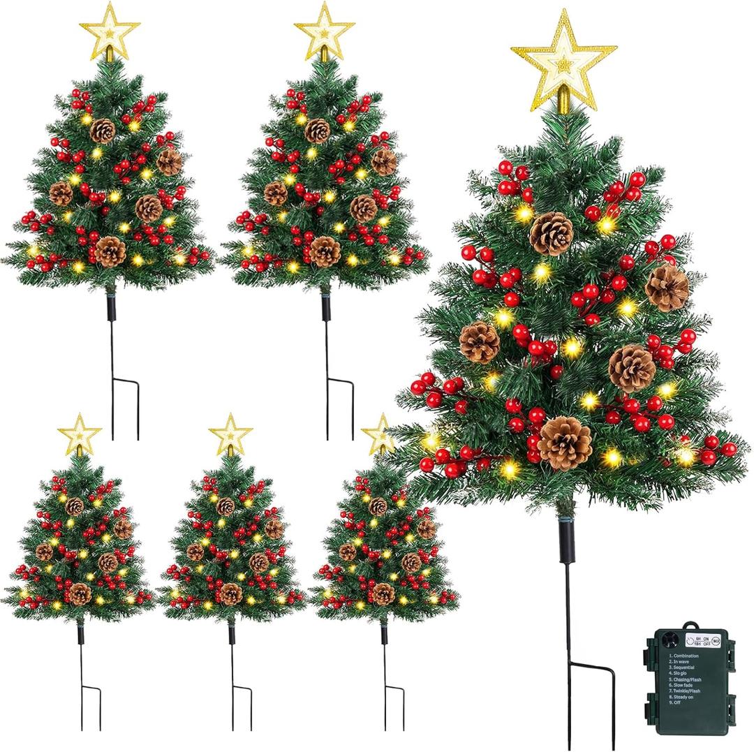 [Timer & 8 Lighting Modes] Set of 6 35.4lnchs Halloween Tree Urn Filler Xmas Trees with Cones, Berries, Battery Operated Halloween Tree with 2Pcs 30 Lights, Outdoor HalloweenTree for Planter, Porch