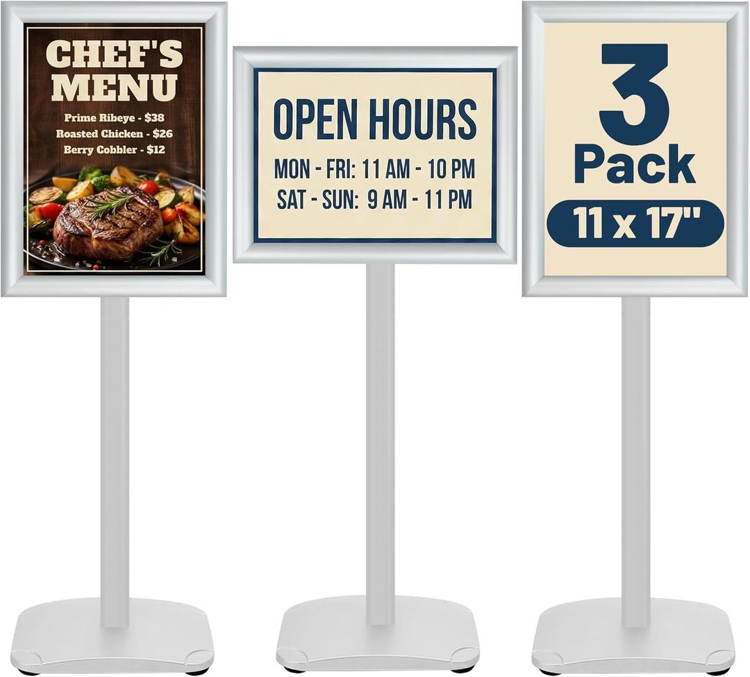3 Pack Heavy Duty Standing Sign Holder 11x17 Inch - Pedestal Floor Sign Stand with Weighted Base - Vertical & Horizontal Poster/Menu Display Stands for Indoor/Outdoor Advertising, Silver