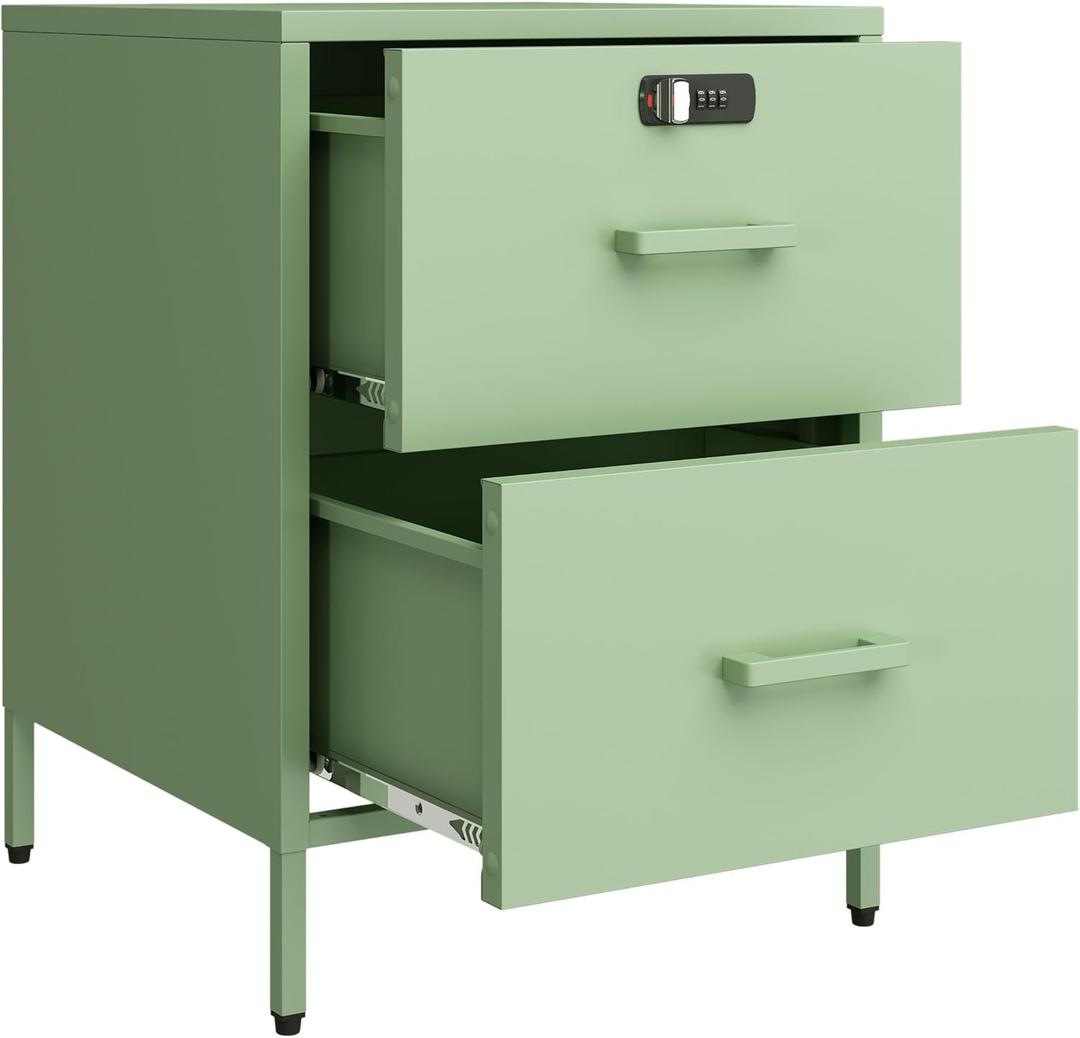 2 Drawer End Side Table with Lock Metal Nightstand, Lockable Storage Cabinet Kids Cabinet for Living Room, Bedroom, Dorm, 21.26H X 15.75W X 15.75D (2 Drawer, Green)