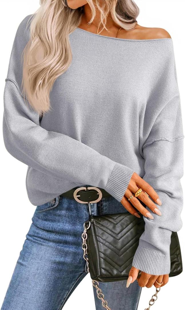 Saodimallsu Womens Off The Shoulder Sweater Boat Neck Batwing Sleeve Knit Pullover 2025 Cute Casual Trendy Jumper Tops (XL, Grey)