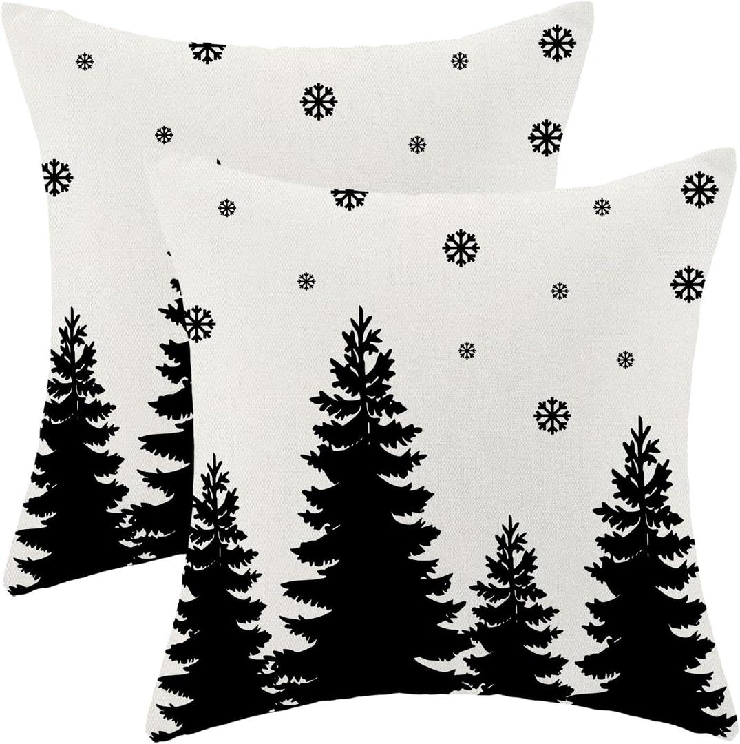 CXMEIFLY Christmas Pillow Covers 16x16 Inch Set of 2 Cream Black Christmas Tree Snowflakes Decor Throw Pillows Winter Xmas Holiday Outdoor Cushion Cases for Couch Bed Decorations