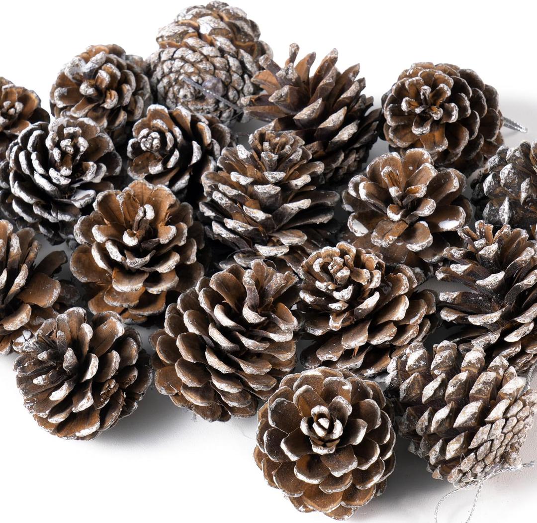 Snow-Dusted Pine Cone Decorations with Ribbon - 27 Pack Hand-Dipped White-Tipped Natural Pine Cones for Christmas Tree Ornaments, Crafting, and Holiday Centerpieces