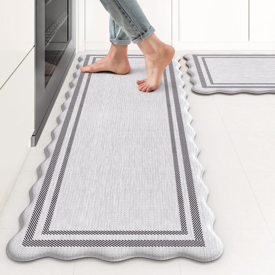 KIMODE Anti Fatigue Kitchen Mats, Light Grey Kitchen Rugs, Padded Kitchen Mat for Floor, Comfort Standing Desk Mat, Cushioned Kitchen Mats for Floor 2 Piece for Laundry Office Sink 17"x47"+17"x29"
