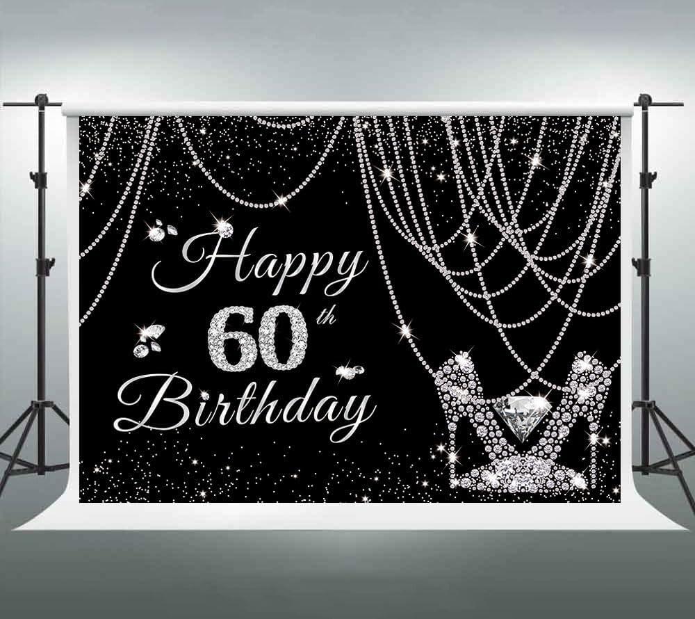 Black and Silver Happy 60th Birthday Banner for Woman Glitter Pearls Curtain Diamond High Heels Party Decoration Sparkle Facula Noble Photography Background Photo Studio Props (5x3ft)