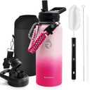 Insulated Water Bottle 32 oz, Triple Wall Vacuum Stainless Steel (Cold for 48 Hrs), Leak Proof & Non-BPA, Modern Water Flask Jug with Paracord Handle & Straw Spout Lids, Ombre Pink