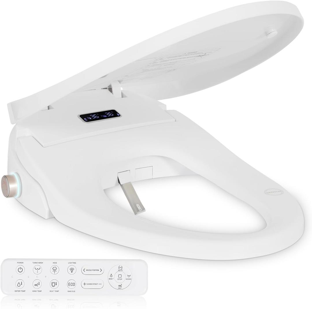 Smart Heated Toilet Seat for Elongated V-Shaped Toilets Bidet Warm Water Wash, Self-Cleaning Nozzle, Warm Air Dryer, Deodorizer, Soft-Close Lid, LED Night Light & Remote Control, Easy Install