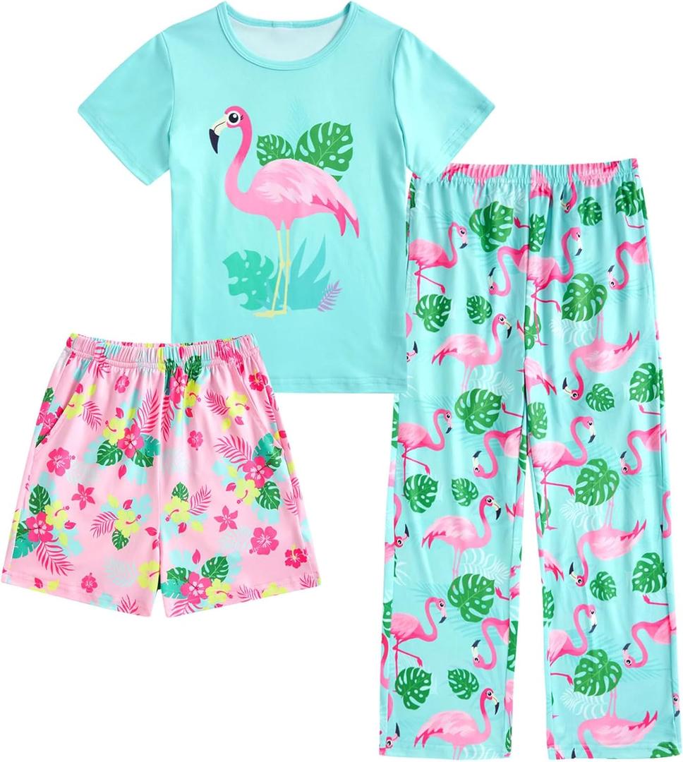 Funnycokid Girls Pajamas 3 Piece Short Sleeve Shirt Top Pants Shorts with Pockets 7-14 Years