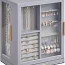 360 Rotating Jewelry Box with 5 Drawers, Spacious Vertical Jewelry Organizer with Glass Window, Jewelry Storage Case, Dustproof & Moisture-resistant Design, Grey