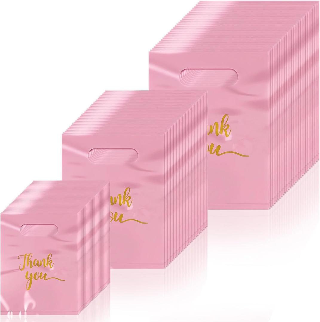 300 Pcs Thank You Bags for Business Small, 3 Size Plastic Shopping Bags Extra Thick Retail Merchandise Bag Small Thank You Bag with Handles for Merchandise Clothes Store Boutique Gift (Pink)