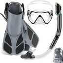ZEEPORTE Mask Fin Snorkel Set, Travel Size Snorkeling Gear for Adults with Panoramic View Anti-Fog Mask, Trek Fins, Dry Top Snorkel and Gear Bag for Swimming Training, Snorkeling Kit Diving Packages (Small-Medium, Grey)