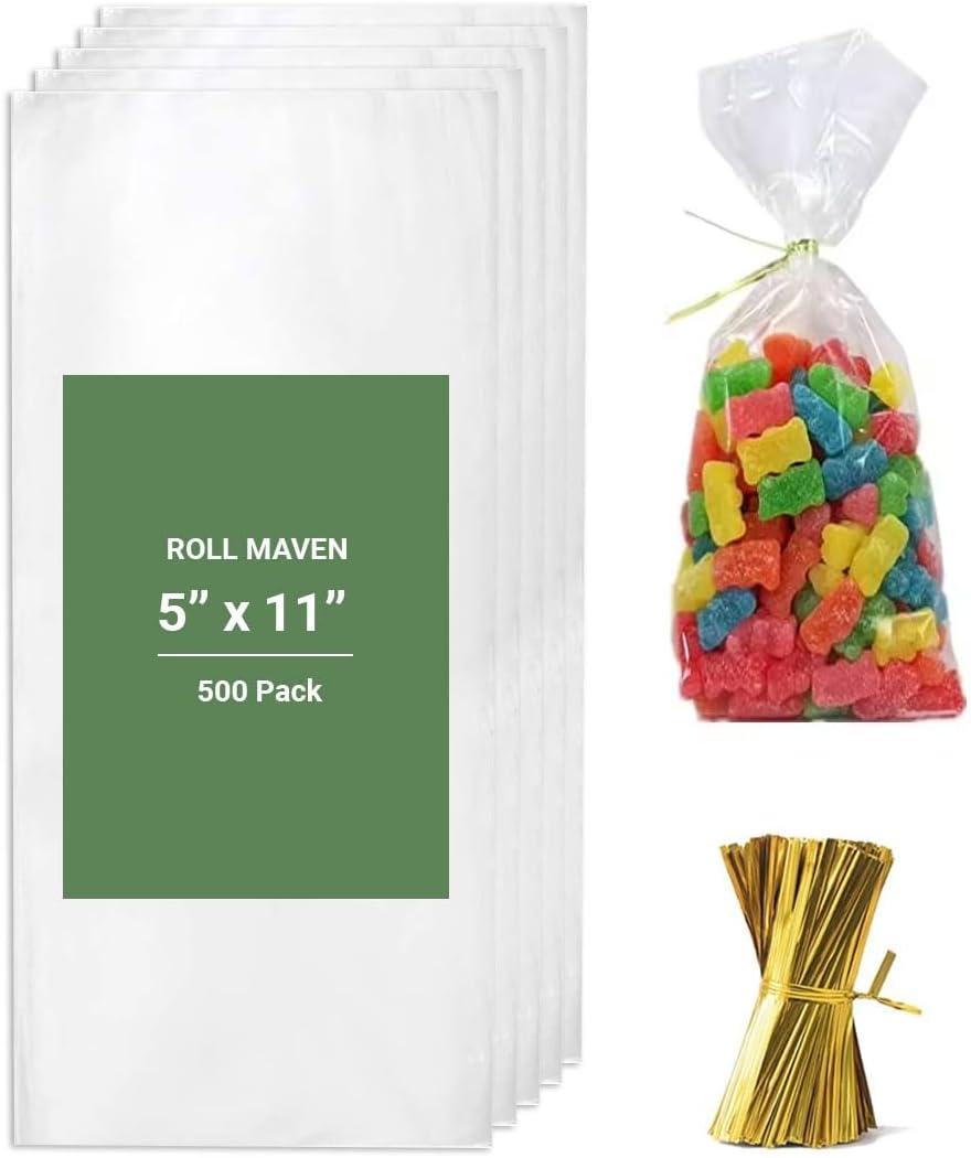 Roll Maven Cello Bags 500 Pieces 5x11 Inches OPP Plastic Cellophane Gift Bags for Packaging Cookies, Pretzel Rod, Sandwich, Candy, Chocolate, Clear Party Favor Bags with Twist Ties