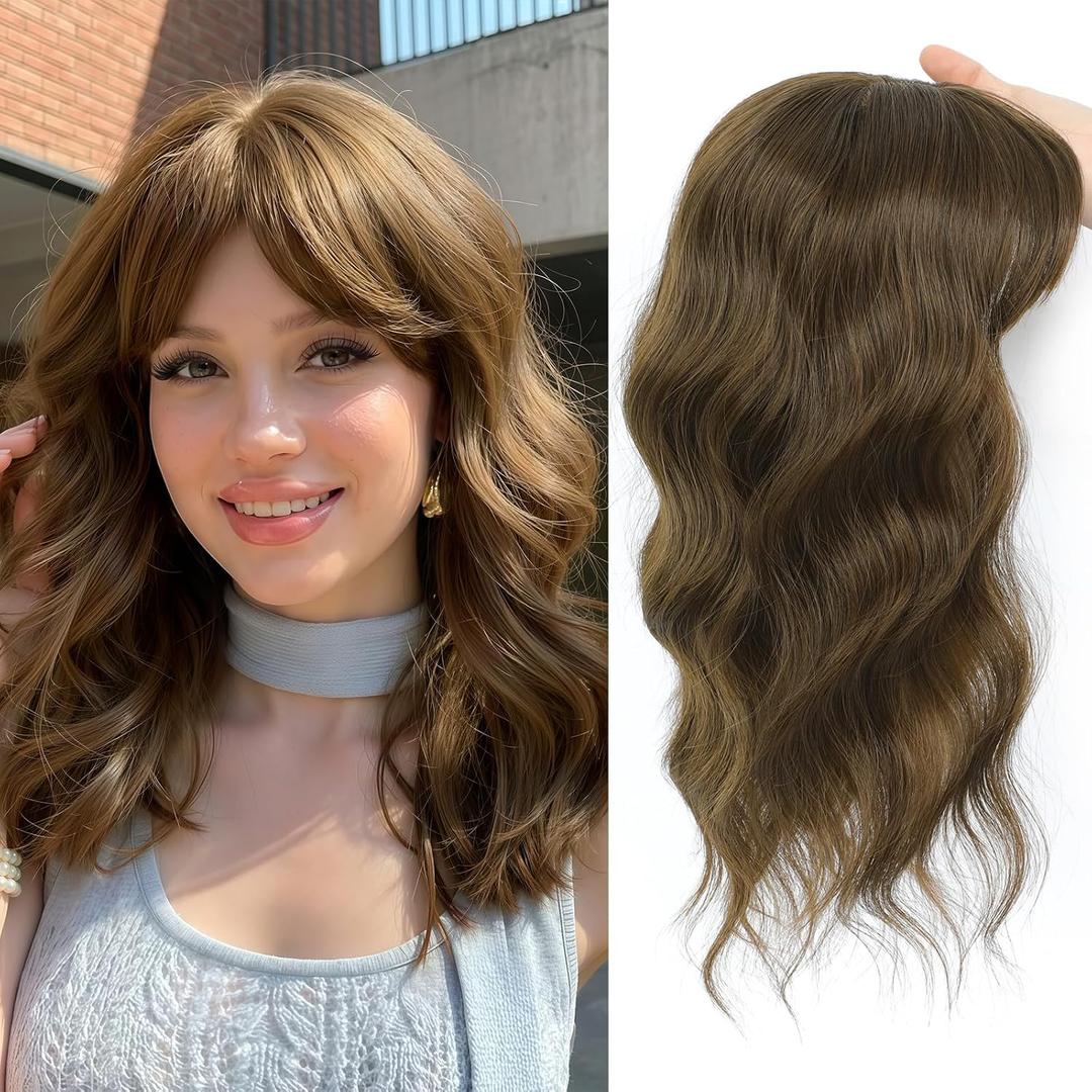 16 Inch Hair Topper for Women with Thinning Hair, Synthetic Curly Wavy Clip-In Topper with Wispy Bangs Natural Looking Crown Coverage Lightweight Hair Piece for Volume(Chestnu Brown)