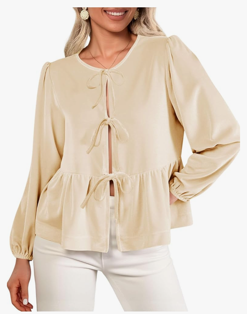 Cicy Bell Womens Cute Tie Front Peplum Velvet Tops Puff Long Sleeve Babydoll Shirts Casual Blouses 2025 Fall Outfits. Size 2XL