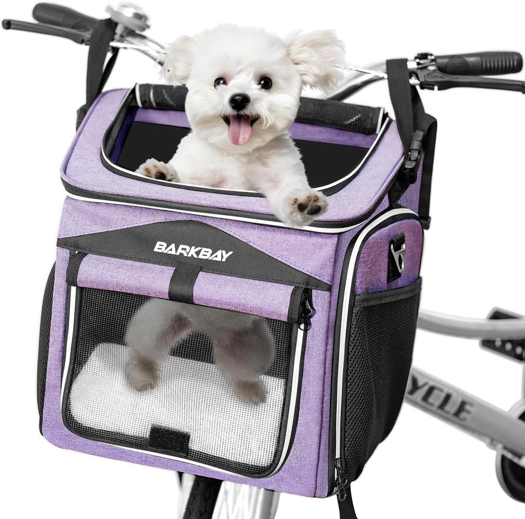BARKBAY Dog Bike Basket Carrier, Expandable Foldable Soft-Sided Dog Carrier, 2 Open Doors, 5 Reflective Tapes, Pet Travel Bag,Dog Backpack Carrier Safe and Easy for Small Medium Cats and Dogs(Purple)