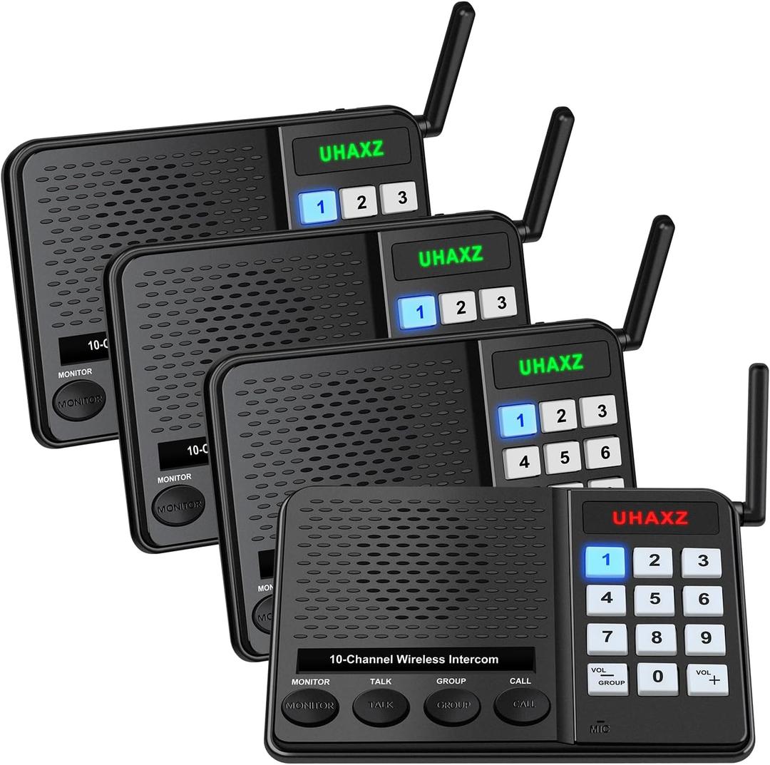 Intercoms Wireless for Home, Long Range Intercom 6000ft, Home Intercom System Wireless with Group Call, Monitor Function, 8 Volume Levels Intercom System for Busines Office Elderly(4 Packs)