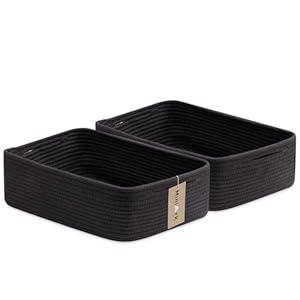 MiniArk Large Shallow Organizing Baskets 15x11x5.1 Inches - Rope Woven Storage Bins for Bathroom, Shelves, Cube Closet, Black 2 Packs