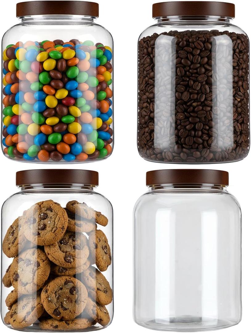LemonRoad 4 Pcs 40 FL OZ (1200ml) Plastic Storage Jars with Airtight Wooden Lid Large Clear Food Storage Container Canister for Sugar, Tea, Spices, Coffee, Bean, Candy, Cookies, Kitchen