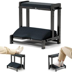 Double Step Foot Rest for Under Desk at Work,Adjustable Wooden Foot Stool with 4 Heights, Ergonomic Desk Foot Rest with Cushion for Office, Gaming & Study (Black)