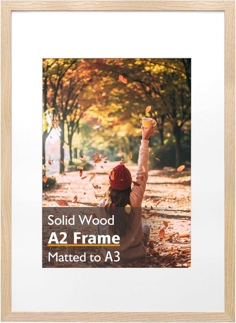 KINLINK A2 Picture Frame, Natural Solid Wood Frame with Acrylic Plexiglass 16.5 x 23.5 Frame for Pictures A3 with Mat or A2 without Mat, Wall Mounting Display Photo Frame 1 Pack
