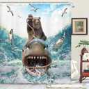Funny Bear Shower Curtain, Cool Bear Riding Shark on Blue Ocean Shower Curtain, Farmhouse Navy Blue Beach Shower Curtain Set Kids with 12PCS Hooks, 70X70IN Waterproof Polyester Fabric