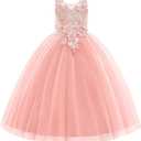 Flower Girl Dress Applique Tulle Dresses Wedding Guest Communion Birthday Party Pageant Baptism Princess Gown (7-8 Years, 2-pink)