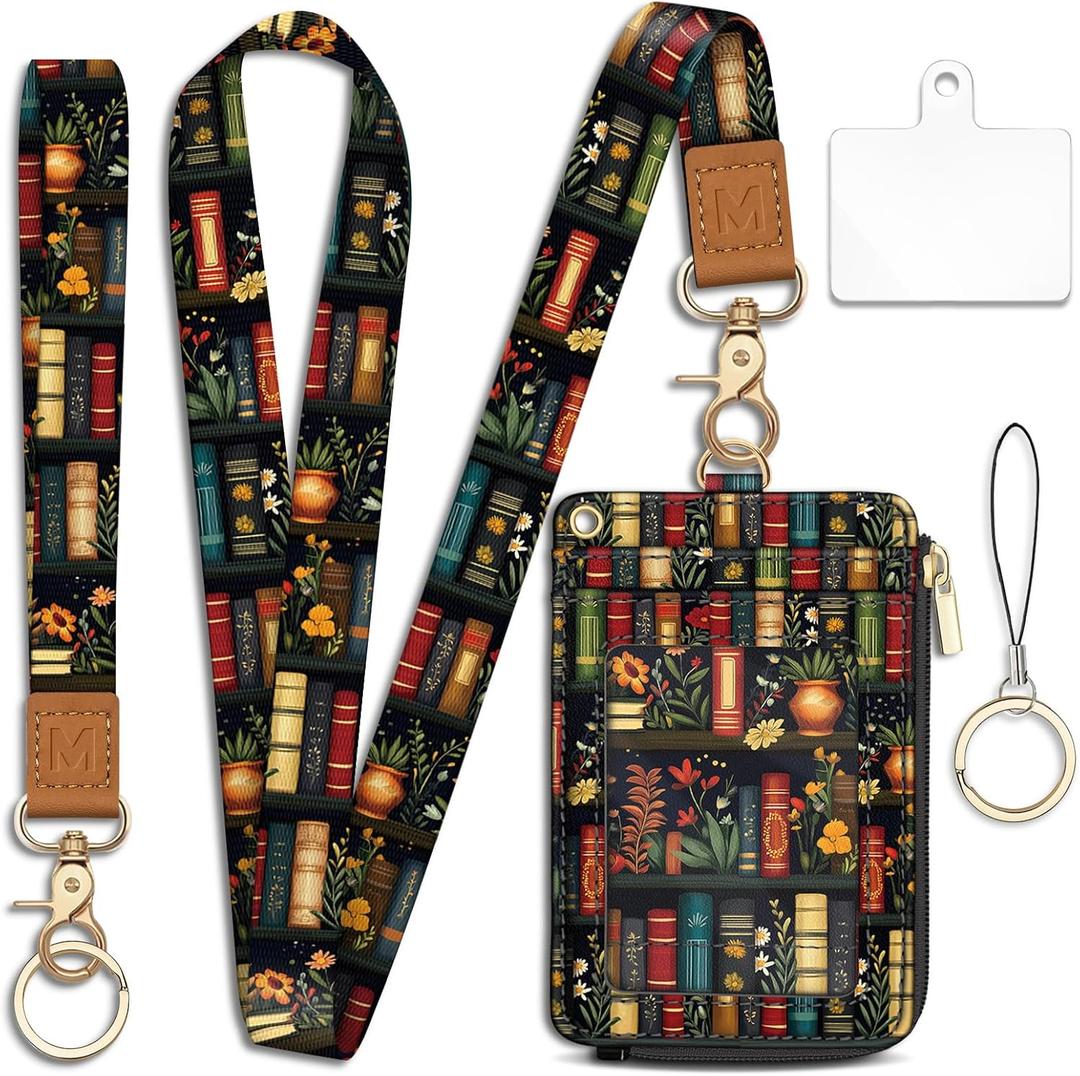 Plant Book Shelf Lanyard Wallet with ID Badge Holder, Floral Small RFID Wallet Women Keychain Wristlet, Slim Credit Card Holder with Zipper Pocket Phone Lanyard Wrist Strap Office Teacher Gift