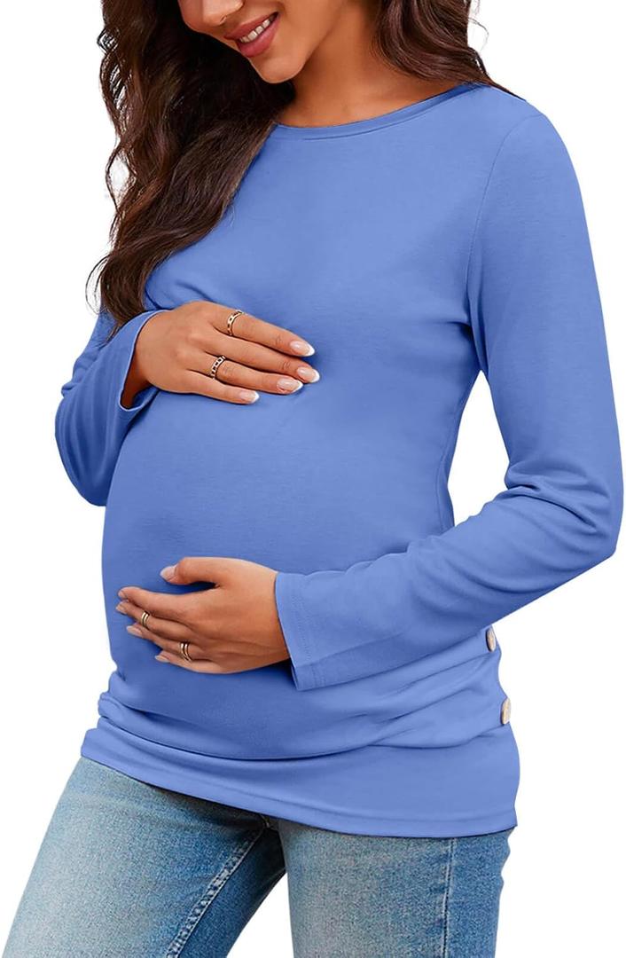 Chuanqi Womens Maternity Shirt Fall Long Sleeve Crew Neck T-Shirts Pregnancy Clothes Side Ruched Tunic Tops (Medium)