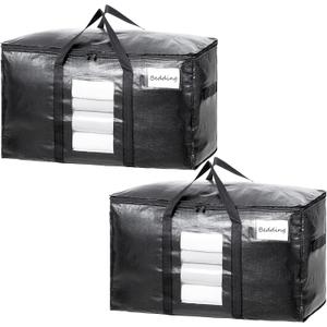 TAILI Extra Large Moving Bags, 2 Pack Black Heavy Duty Totes For Storage with Visible Window, Wrap Around Handles, Storage Bags for Space Saving, Alternative to Moving Boxes