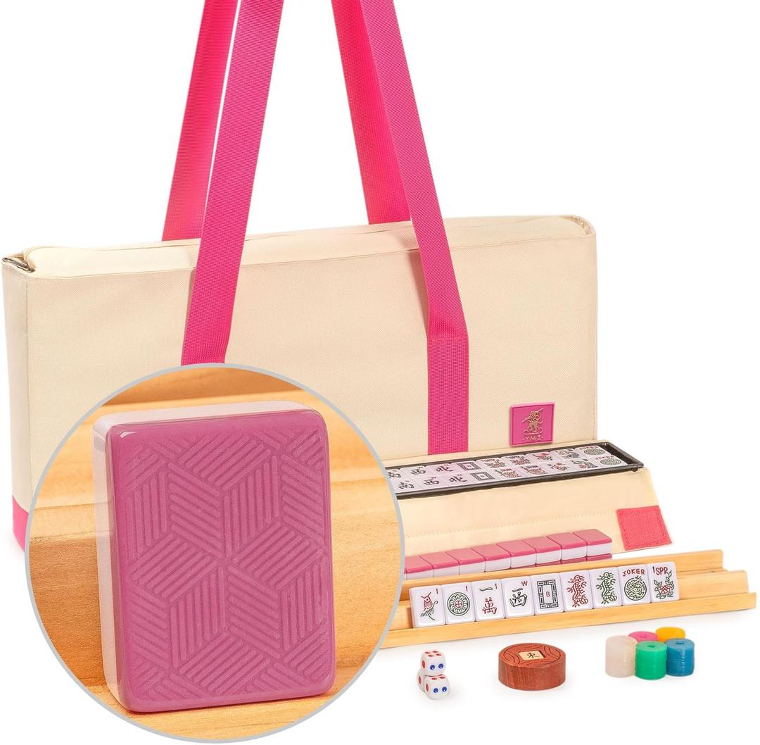 Yellow Mountain Imports American Mahjong Set, Rosehill  166 Rose-Pink Ridged-Backed Tiles, Racks with Pushers, Pink and Cream Soft Case, Scoring Coins, Dice & Wind Indicator