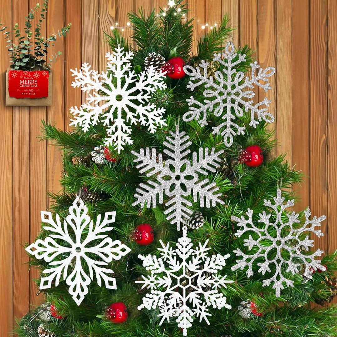 6pcs Large White Silver Snowflakes Christmas Ornaments- 12" Big Plastic Glitter Hanging Snow Flakes for Christmas Tree Decorations Winter Indoor Outdoor Window Home Decor Giant Craft Snowflakes