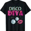 Disco Diva Ladies Disco Gold Ball Silver Red Lips T-Shirt (Small, Black)