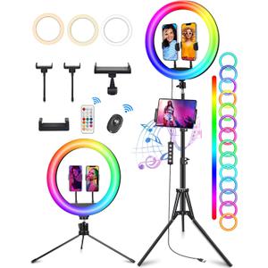 STALLY 13.3" Ring Light with Stand, Music Mode, 75" Tall with 3 Phone Holder, 3 CCT Modes & 48 RGB Color Modes, Ring Light Tripod for iPhone with Wireless Remote, Great for Photograph/Makeup/TikTok (13.3in)